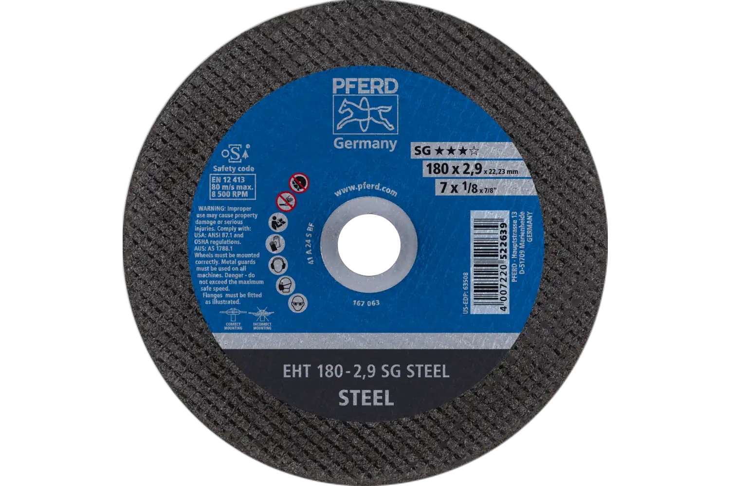 Picture of Pferd Cut-Off Wheel, 7" X 1/8 X 7/8, Sg Steel, T1, Aluminum Oxide